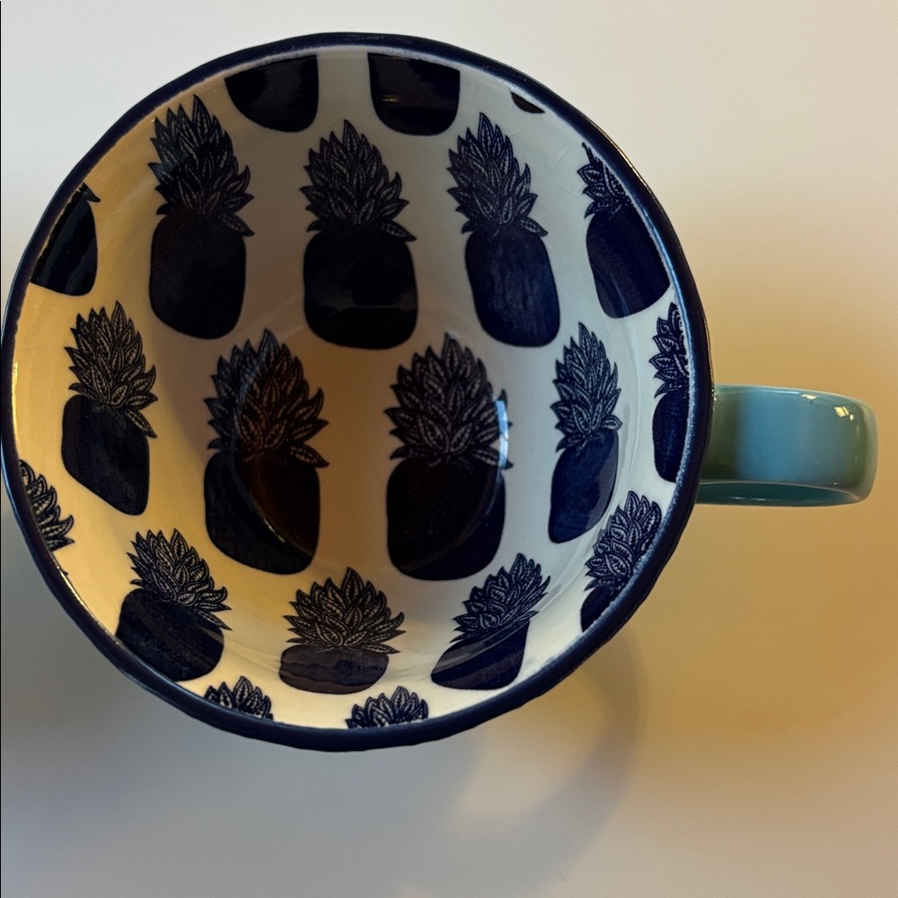 Crown & Ivy Teal and Navy Stoneware Mugs/Cups Pineapple On Inside Of Cup. 10 OZ - Picture 3 of 7
